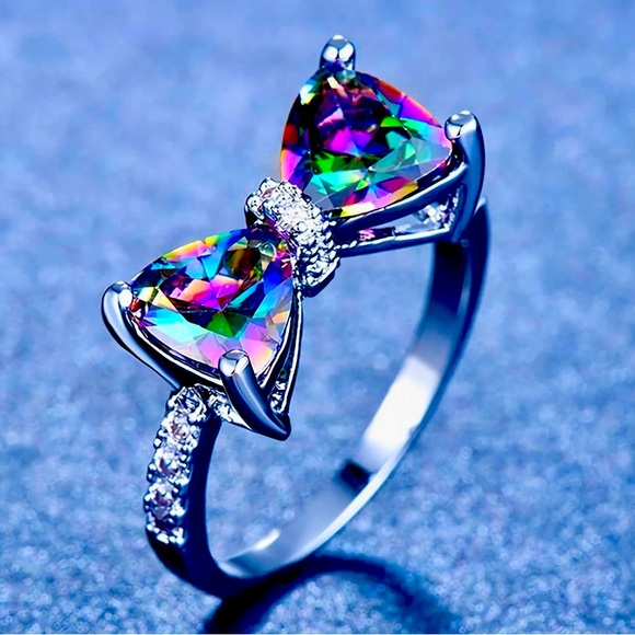 Accessories - Cubic Zirconia 925 Sterling Silver Plated Butterfly Bow Crystal Ring